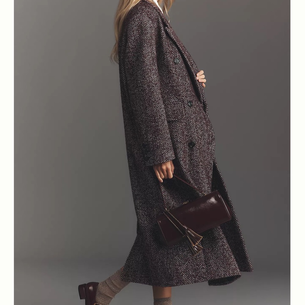 Anthropologie Burgundy Herringbone Pea Coat